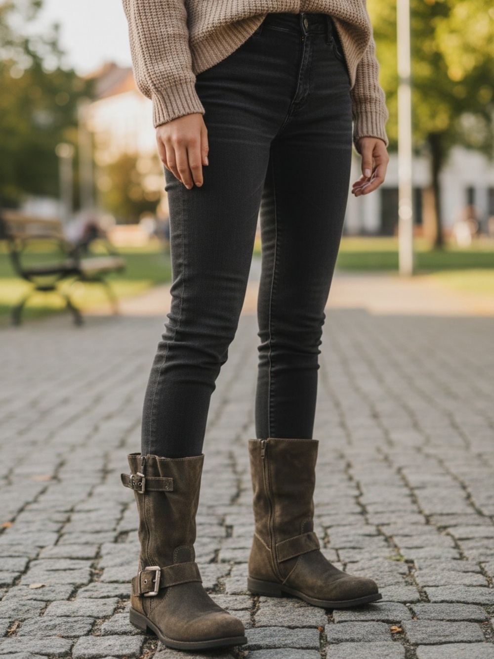 Paul Green Munchen Brown Leather Buckle Side Zip Moto Boots
